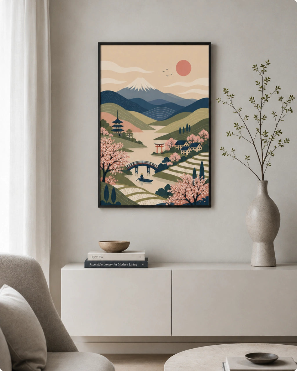A framed art print featuring a stylized Japanese landscape with cherry blossoms, a bridge, pagoda, and a mountain under a pink sun, displayed on a light gray wall above a white sideboard in a modern living room setting.
