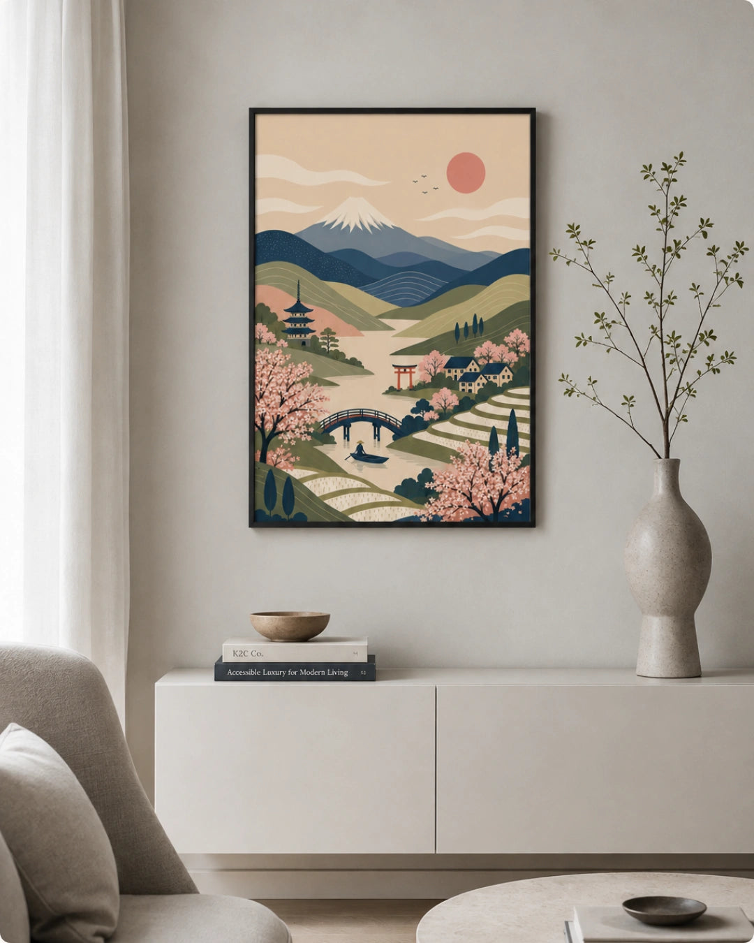 A framed art print featuring a stylized Japanese landscape with cherry blossoms, a bridge, pagoda, and a mountain under a pink sun, displayed on a light gray wall above a white sideboard in a modern living room setting.