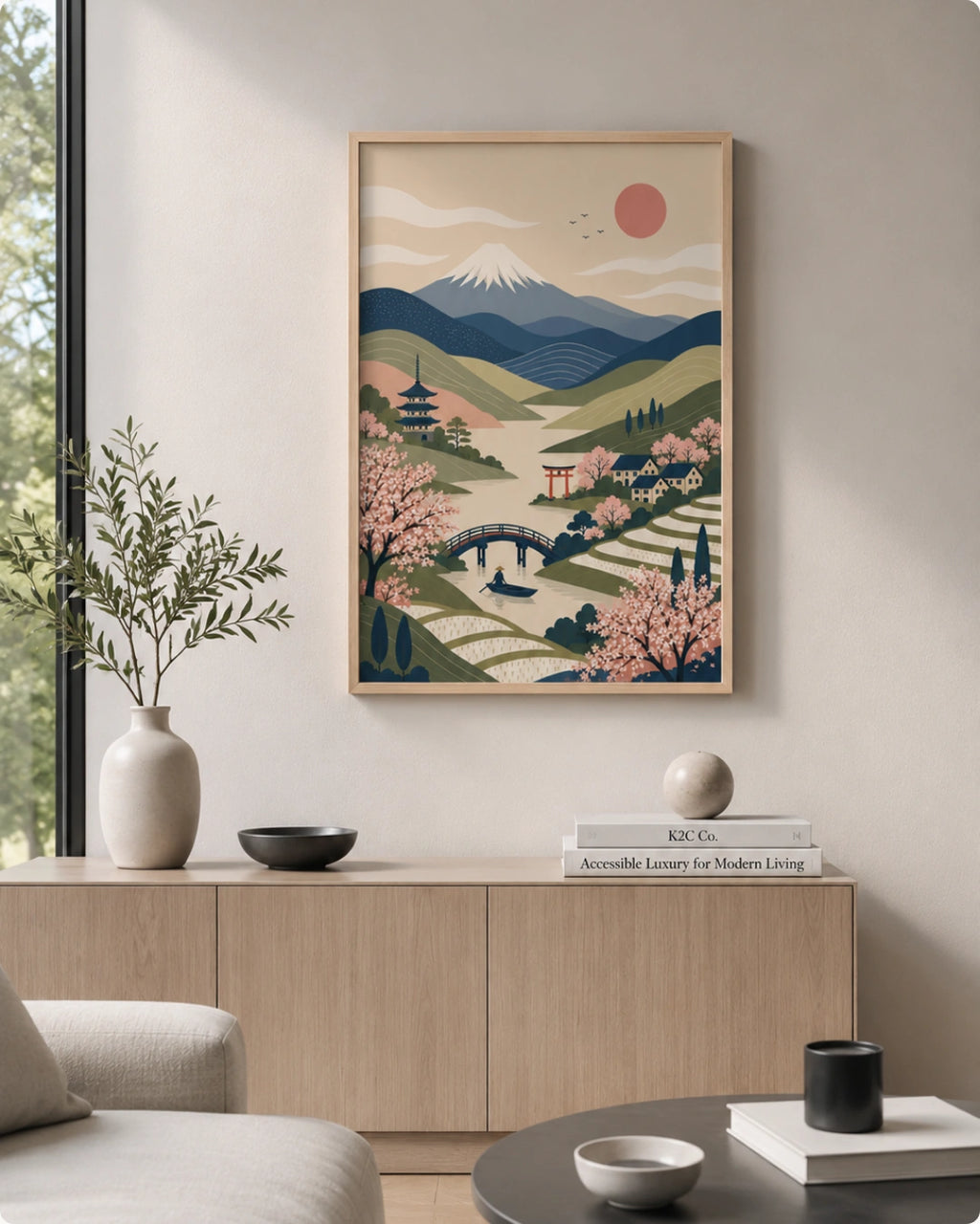 A framed art print featuring a stylized Japanese landscape with cherry blossoms, a bridge, pagoda, and mountains under a pink sun, displayed on a beige wall in a modern living room setting.