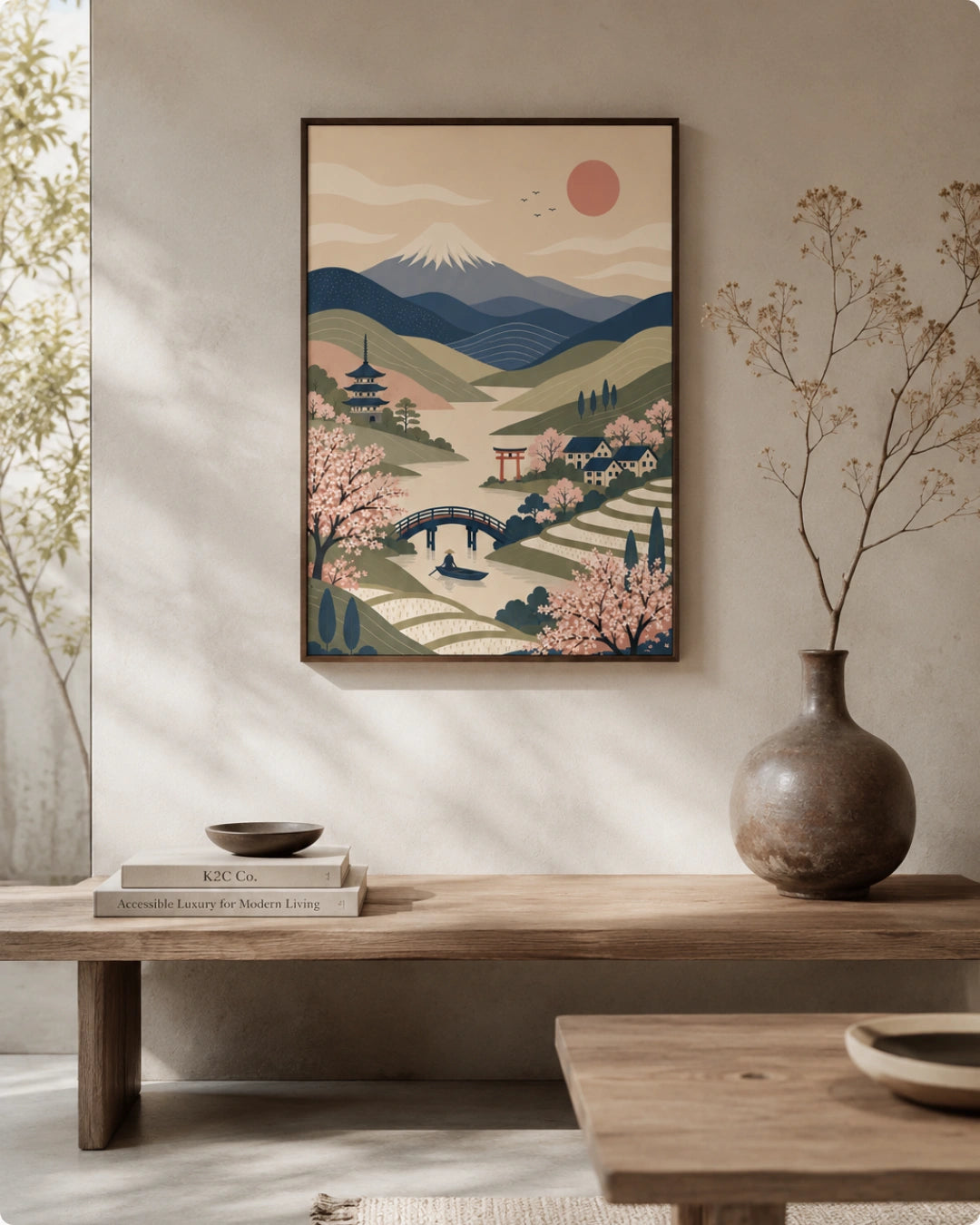 A framed art print featuring a stylized Japanese landscape with cherry blossoms, a bridge, pagoda, and mountains, displayed on a beige wall above a wooden bench in a styled interior setting.