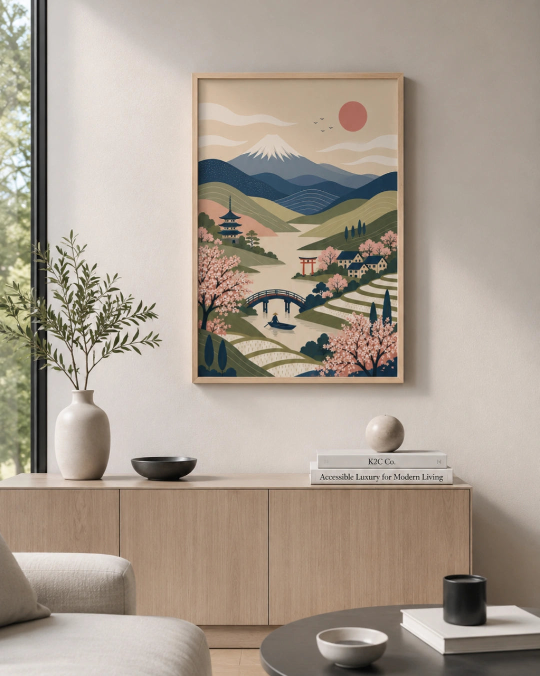 A framed art print featuring a stylized Japanese landscape with cherry blossoms, a bridge, pagoda, and mountains under a pink sun, displayed on a beige wall in a modern living room setting.
