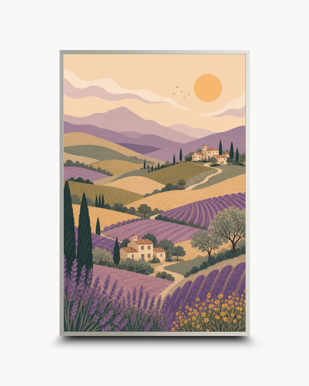 A framed landscape art print featuring rolling lavender fields, cypress trees, small houses, and a warm sun over purple mountains, shown against a light neutral background.