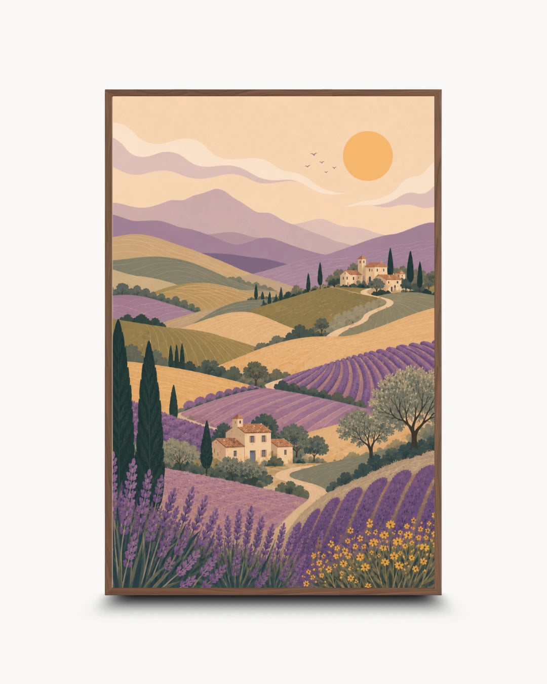 A vertical framed art print depicting a stylized Provence landscape with lavender fields, rolling hills, cypress trees, small houses, and a large sun in a warm pastel palette.