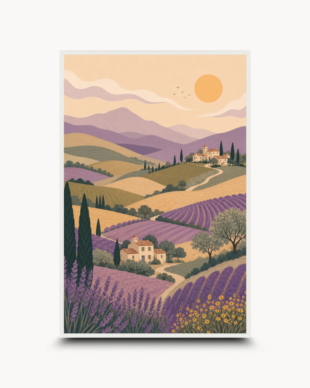 A vertical art print depicting a stylized Provence landscape with lavender fields, rolling hills, cypress trees, small houses, and a large sun in a warm pastel palette, shown centered on a light gray background.