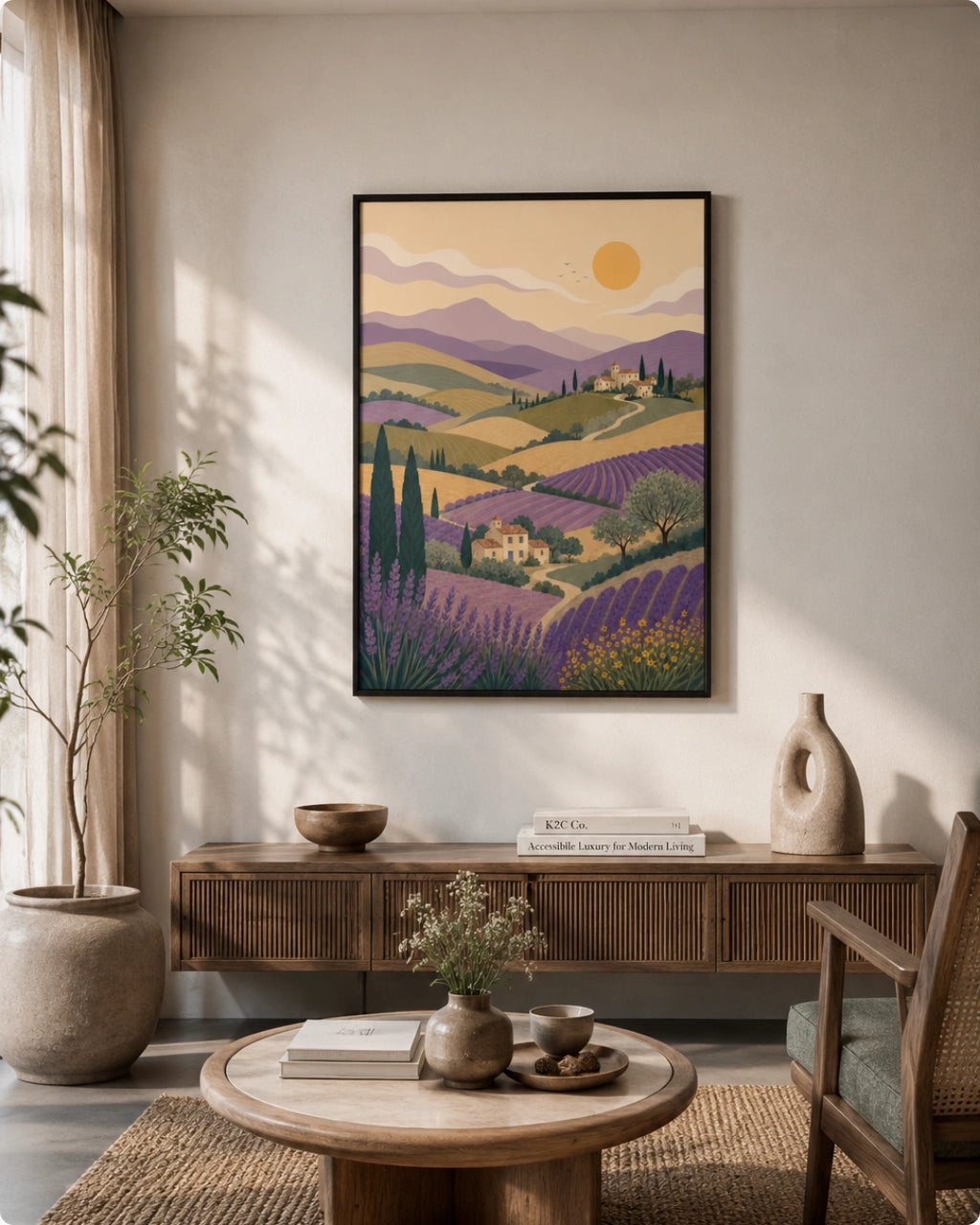 A framed art print depicting a stylized Provence landscape with lavender fields, hills, mountains, and a sun, displayed on a beige wall in a modern living room setting.