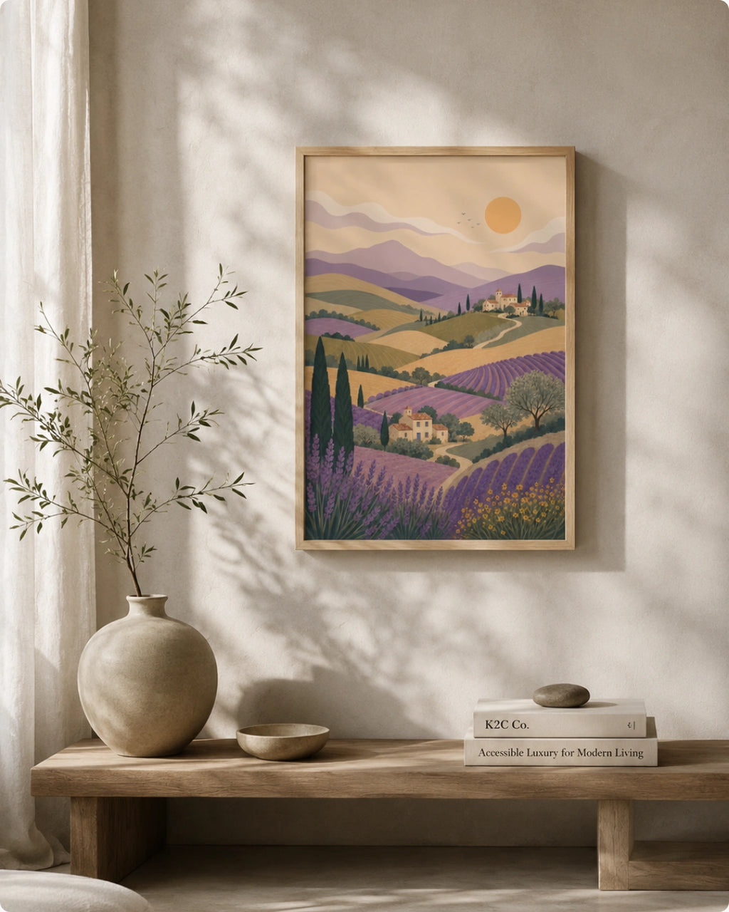 A framed art print of a lavender field landscape in Provence, featuring purple hills, cypress trees, and a yellow sun, styled on a beige wall above a wooden console table with a vase and books.