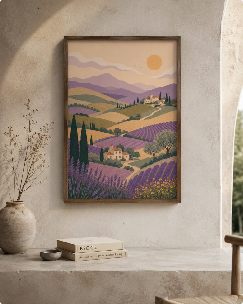 A framed art print depicting a stylized Provence landscape with lavender fields, hills, mountains, and a sun, displayed on a stone ledge in a rustic interior setting.