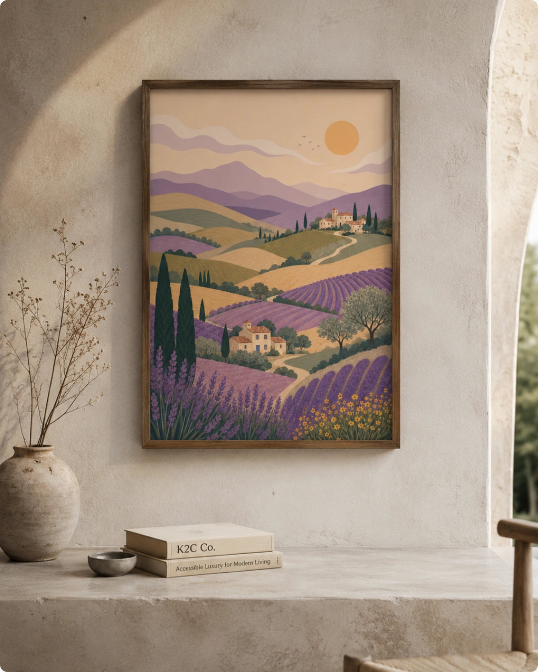 A framed art print depicting a stylized Provence landscape with lavender fields, hills, mountains, and a sun, displayed on a stone ledge in a rustic interior setting.
