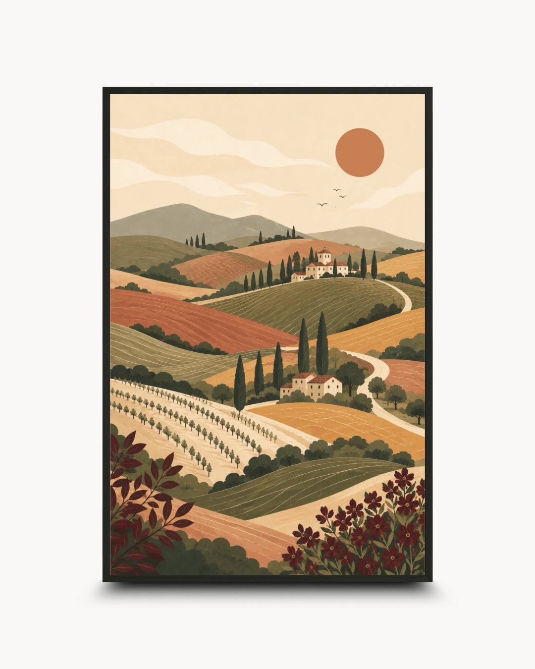 A framed art print featuring a stylized landscape illustration of rolling hills, cypress trees, vineyards, and a sun, shown against a light gray background.