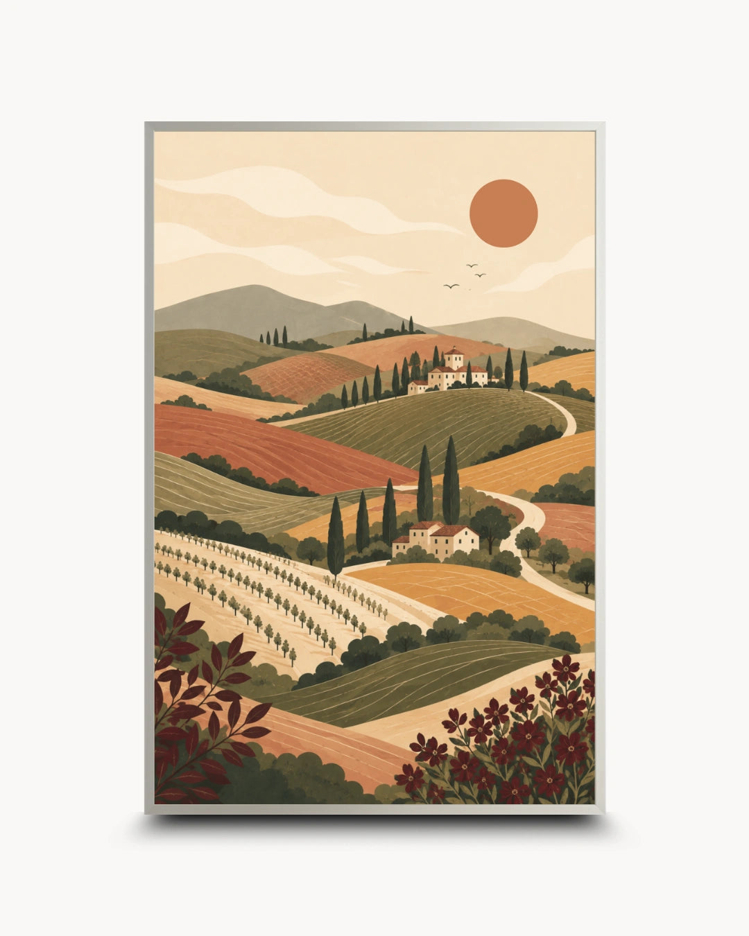 A vertical framed art print featuring a stylized Tuscan landscape with rolling hills, cypress trees, vineyards, small houses, and a large sun in warm earthy tones.