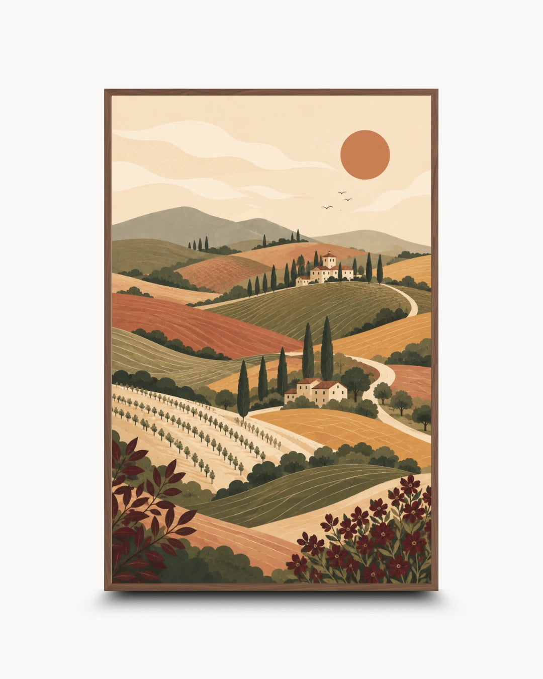 A framed landscape art print featuring rolling hills, cypress trees, vineyards, and a sun in a warm retro palette, shown against a light gray background.