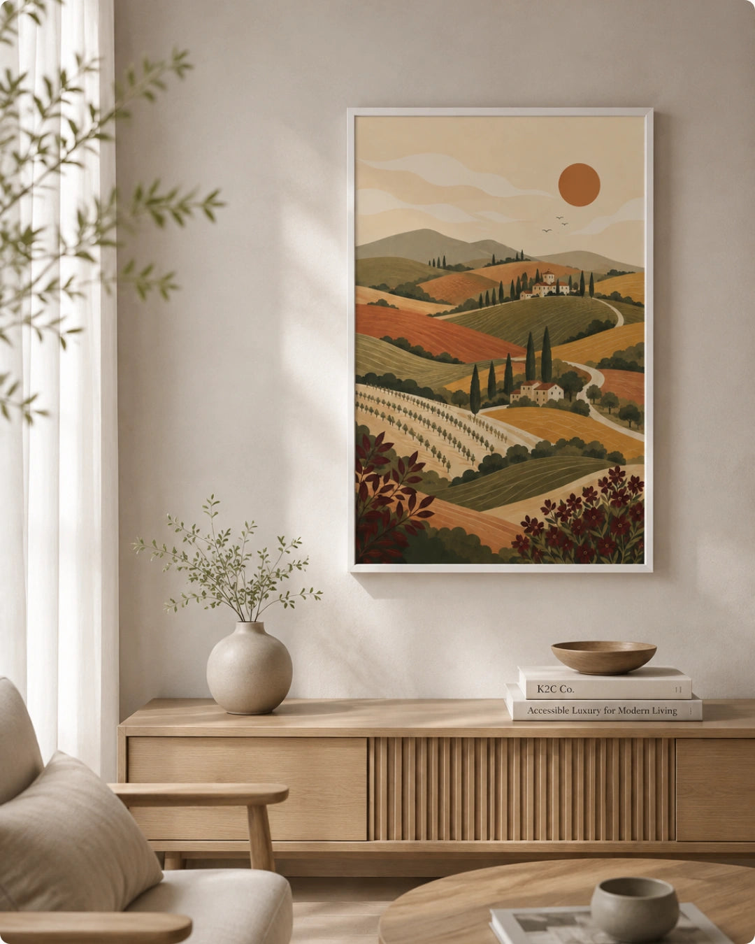 A framed landscape art print featuring rolling hills, vineyards, and a sun over a warm beige wall in a styled living room setting.