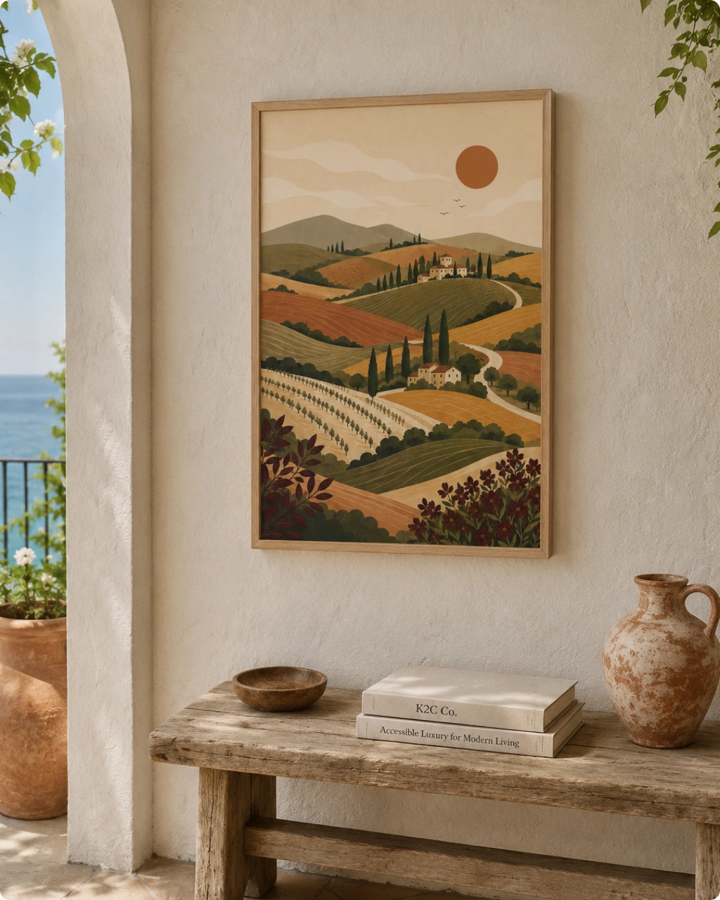 A framed landscape art print featuring a Tuscany vineyard scene hangs on a textured cream wall above a rustic wooden bench with books and a terracotta jug. The print is shown in a styled home environment with a glimpse of the blue sea and sky on the left.