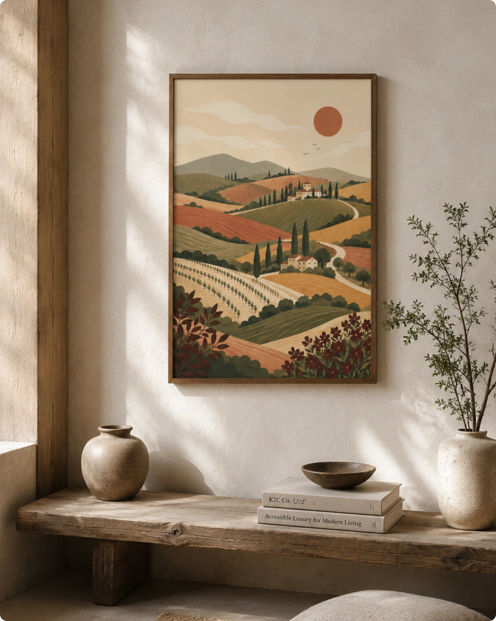 A framed landscape art print featuring a Tuscany vineyard and rolling hills under a warm sun, styled on a textured wall above a rustic wooden bench with decorative vases and books.