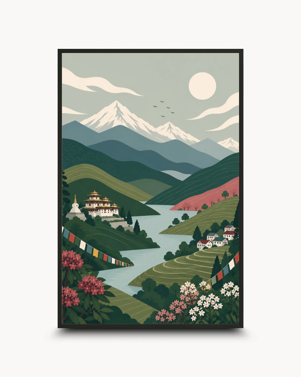 A framed art print featuring a stylized landscape illustration of snow-capped mountains, a winding river, hills, flowers, and a full moon, shown against a light gray background.