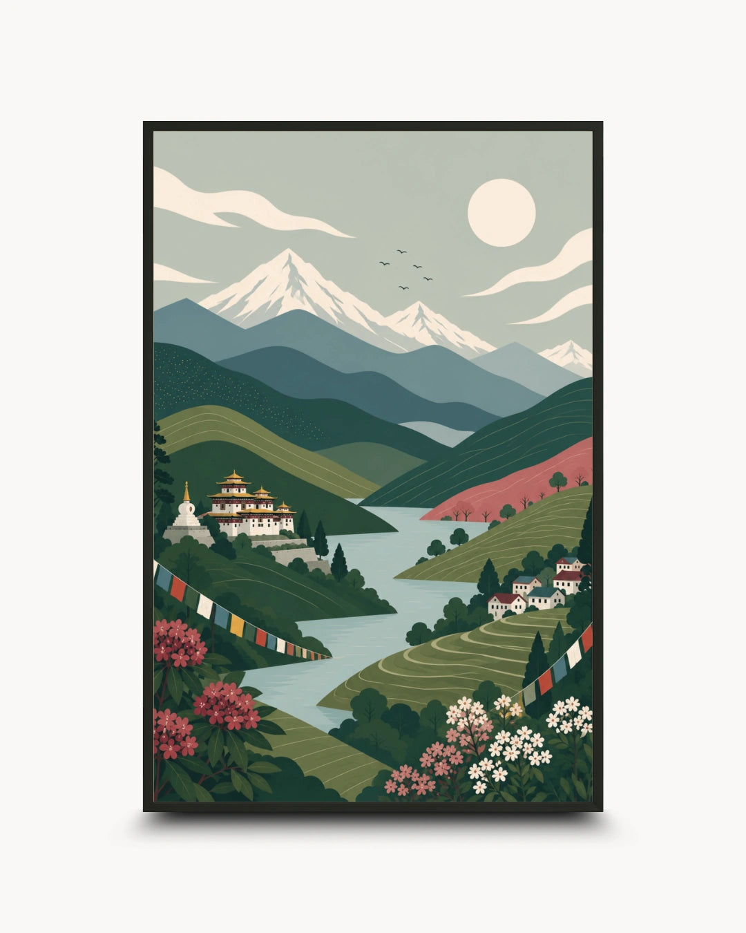 A framed art print featuring a stylized landscape illustration of snow-capped mountains, a winding river, hills, flowers, and a full moon, shown against a light gray background.