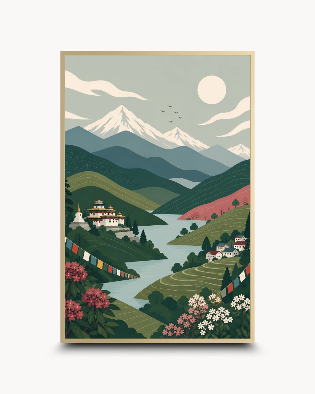A framed art print featuring a stylized landscape illustration with snow-capped mountains, a winding river, green hills, colorful flowers, and a full moon, shown against a light gray background.