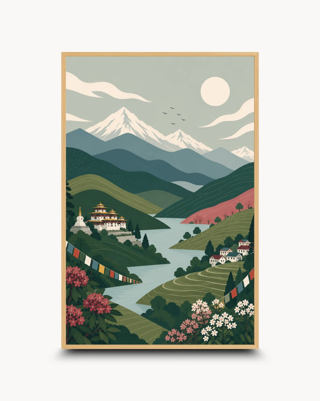 A framed art print featuring a stylized landscape illustration of snow-capped mountains, a winding river, hills, and small buildings, shown against a light gray background.