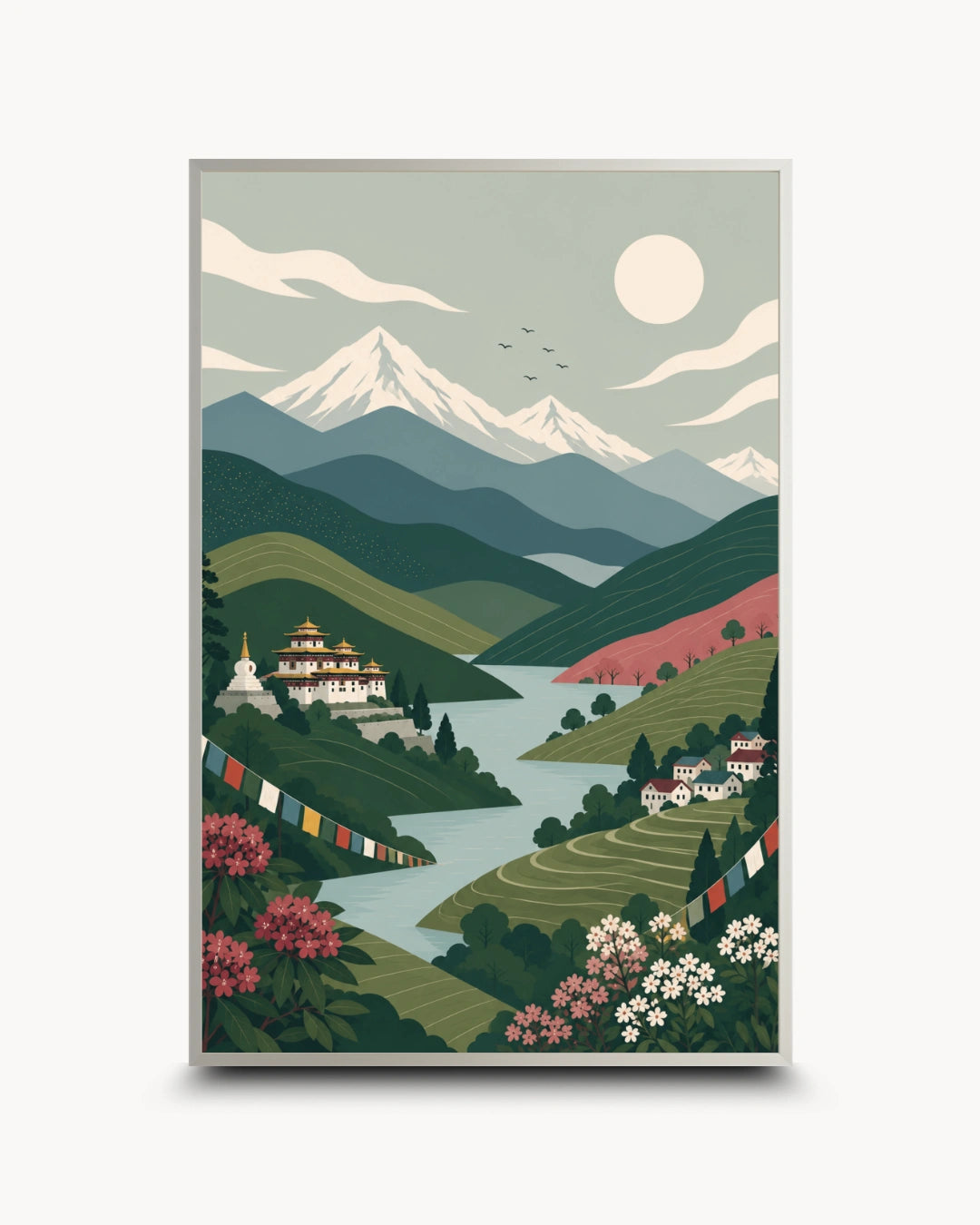 A framed art print featuring a stylized landscape illustration with snow-capped mountains, a winding river, green hills, colorful flowers, and a full moon, shown against a light gray background.