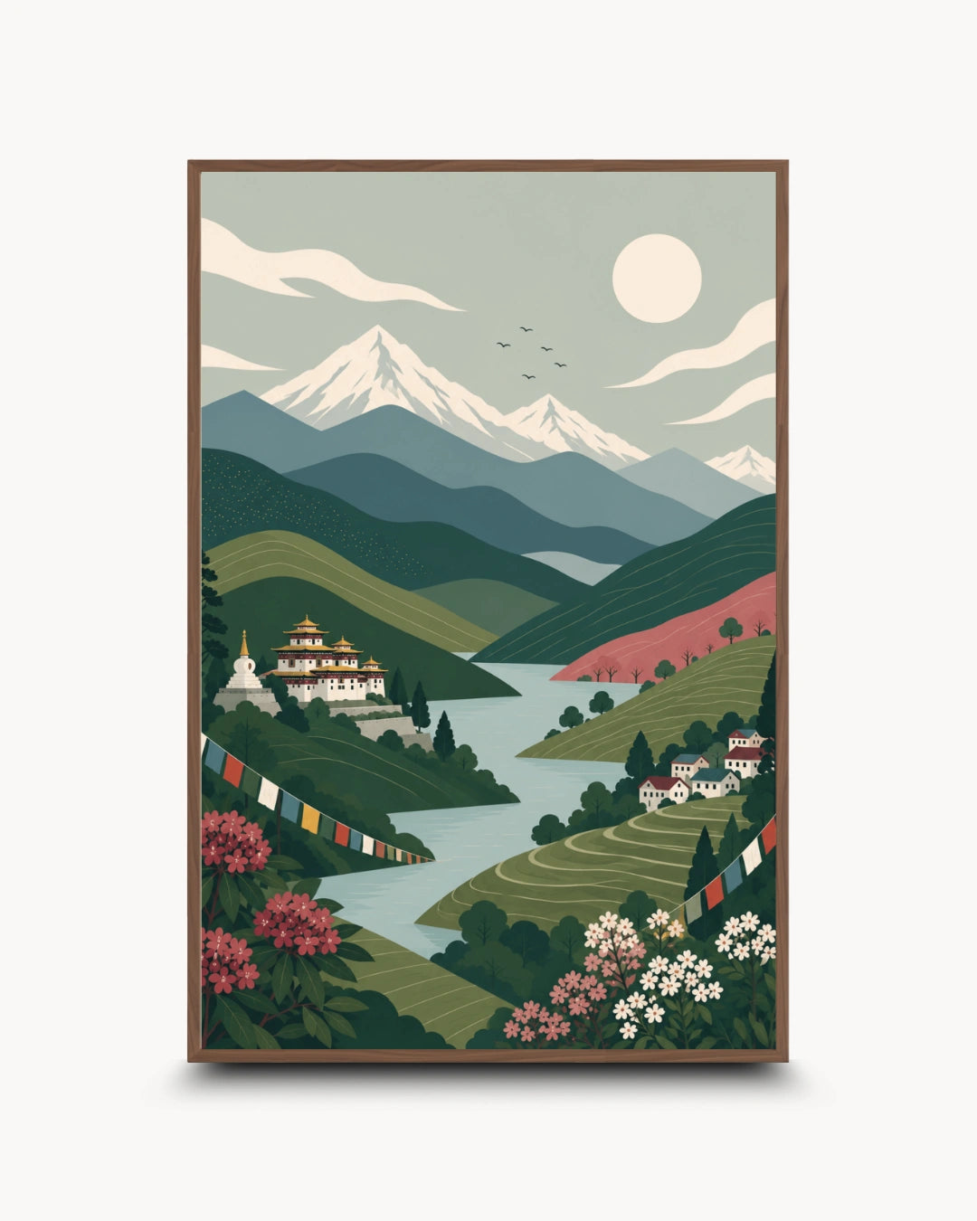 A framed art print featuring a stylized landscape illustration of snow-capped mountains, a winding river, green hills, colorful flowers, and a full moon, shown against a light gray background.