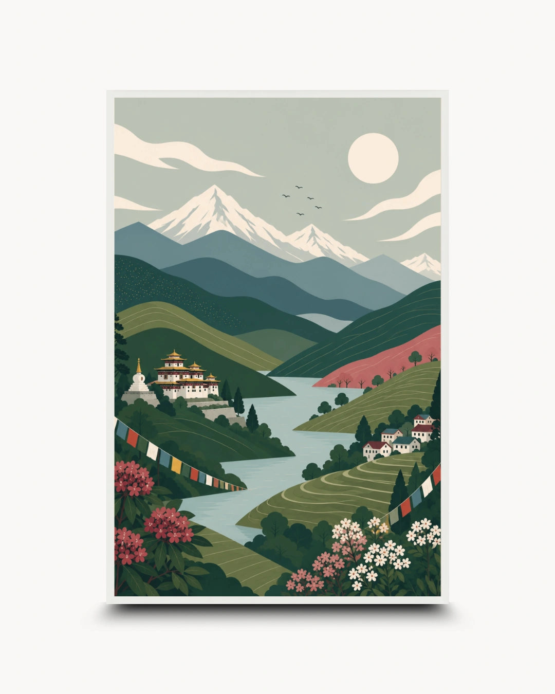 A stylized landscape art print featuring snow-capped mountains, a winding river, green hills, a monastery, and colorful flowers, presented on a light gray background with a drop shadow.