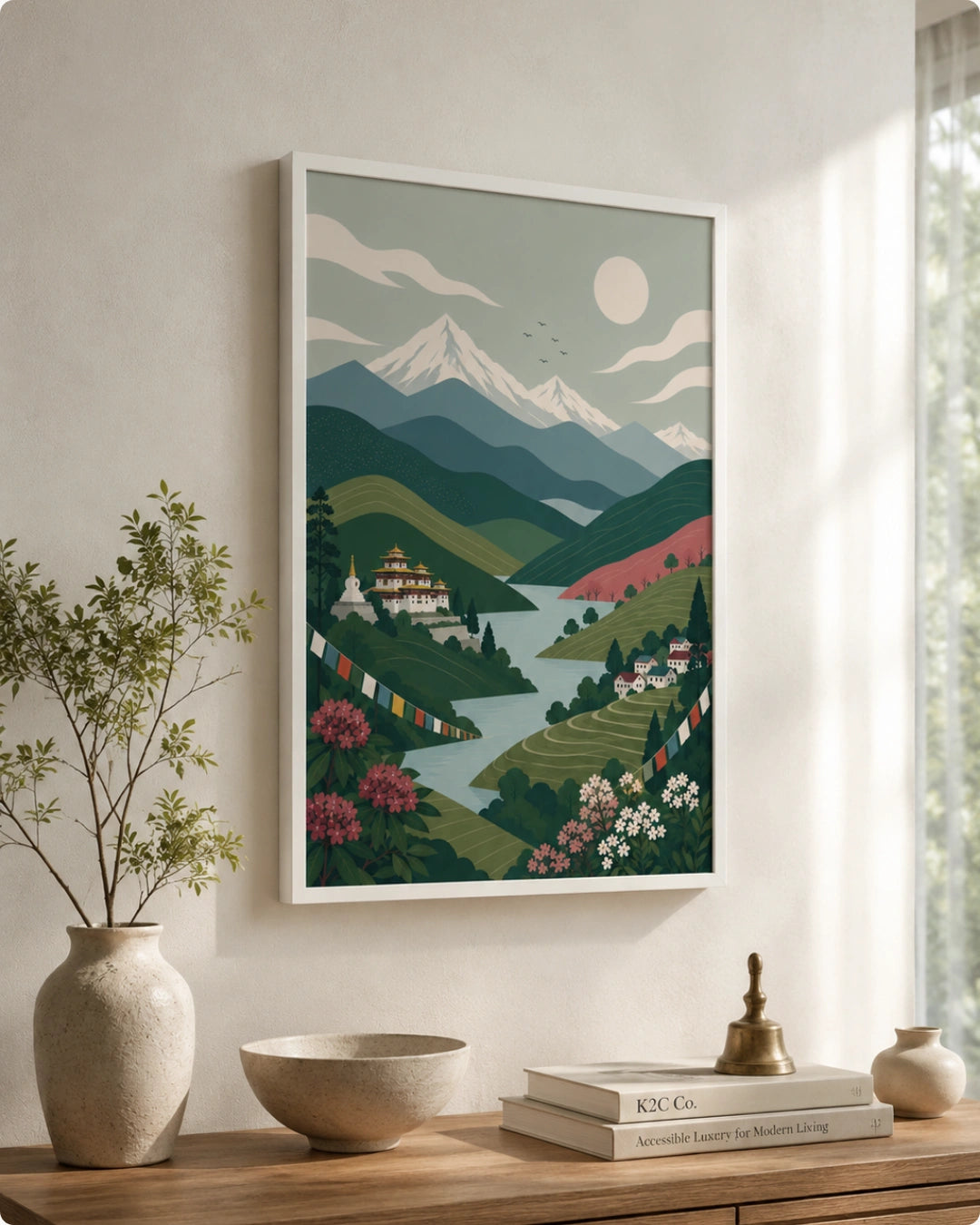 A framed art print depicting a stylized mountain landscape with a lake, green hills, and a monastery, displayed on a wall above a wooden console table with decorative items.