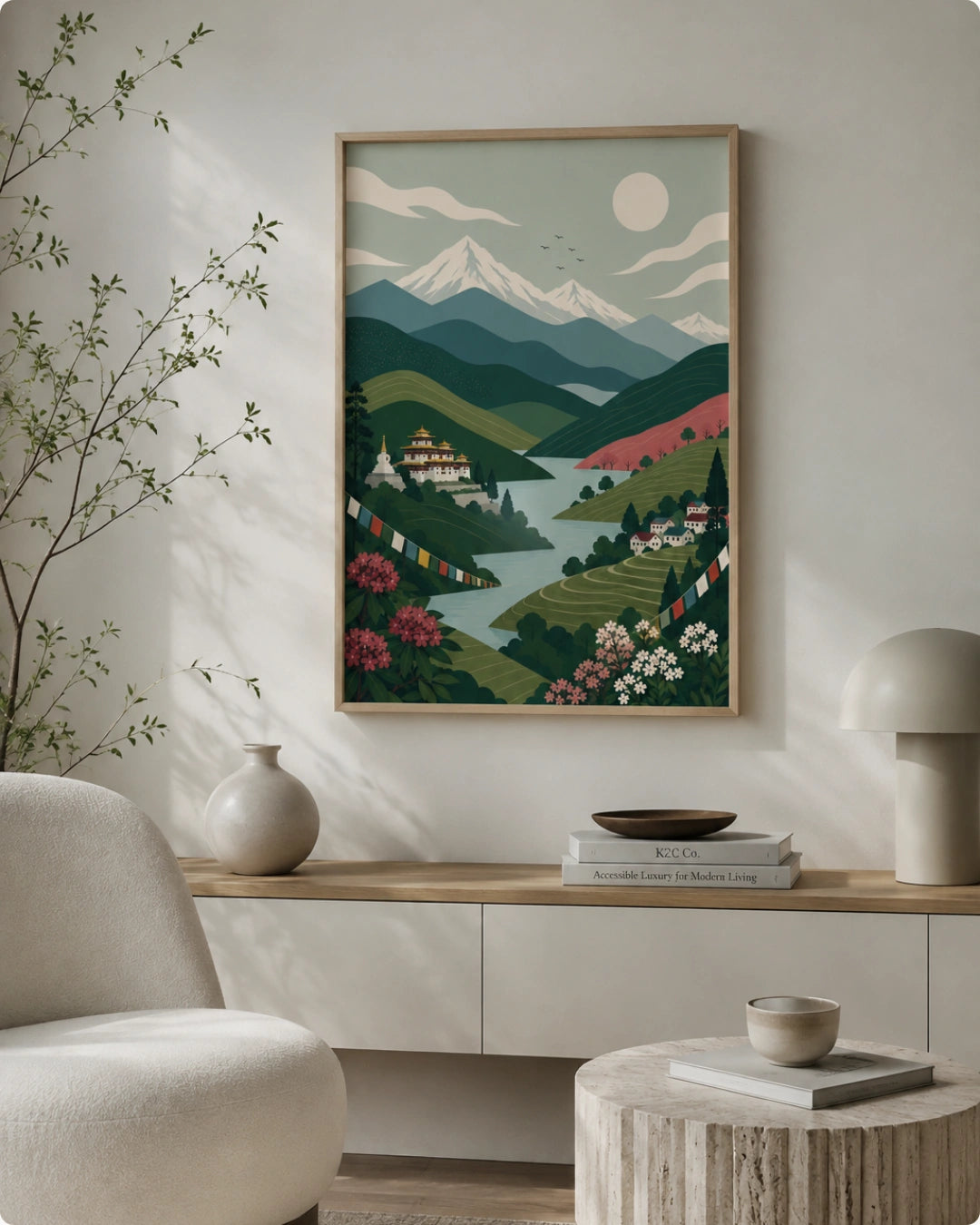 A framed art print depicting a stylized mountain landscape with a lake, hills, and flowers, hanging on a light beige wall in a modern living room setting.