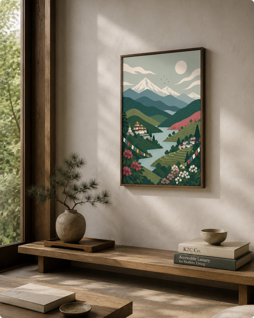 A framed art print depicting a stylized mountain and valley landscape hangs on a beige wall in a modern, sunlit room with a wooden bench, books, and a vase.