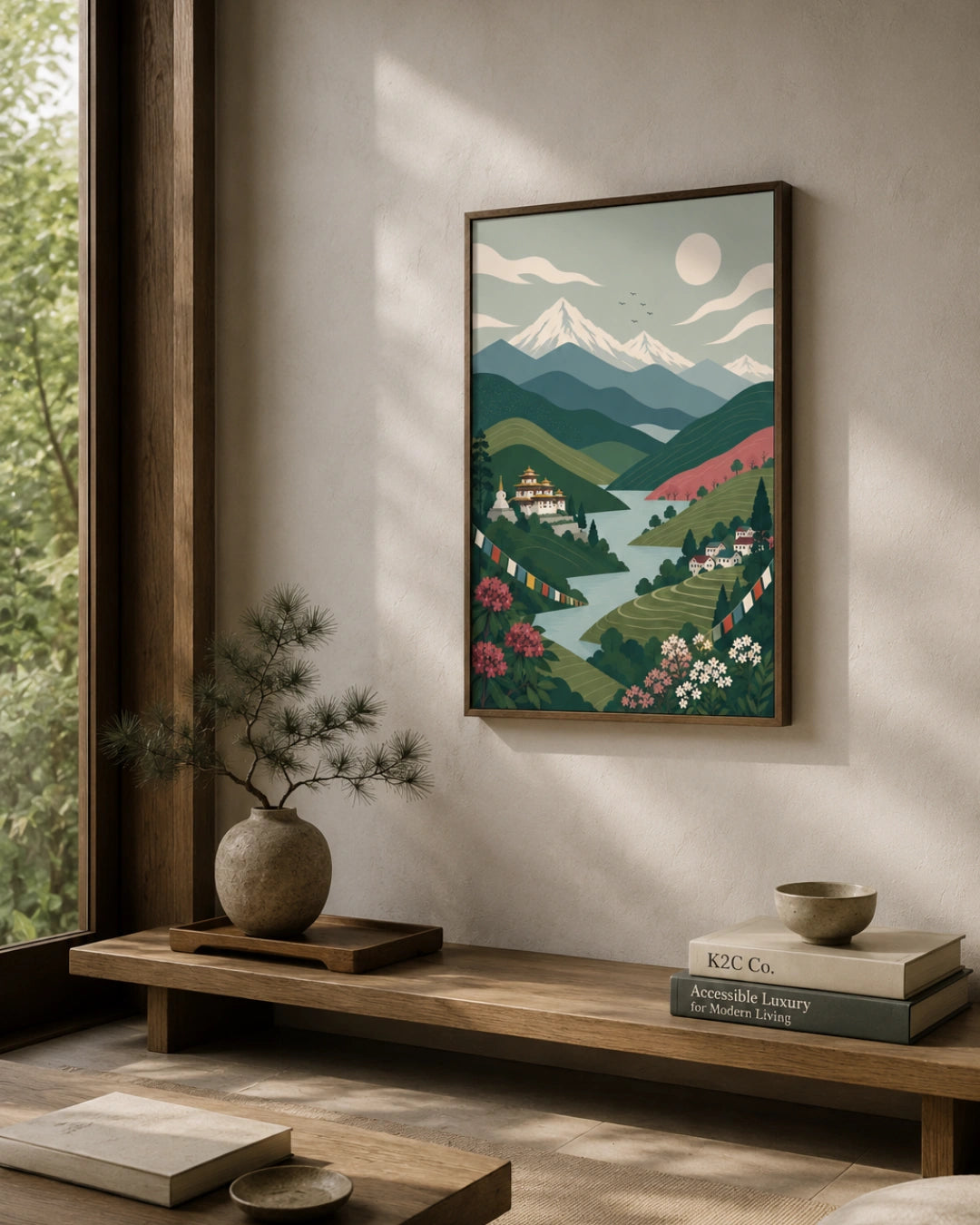 A framed art print depicting a stylized mountain and valley landscape hangs on a beige wall in a modern, sunlit room with a wooden bench, books, and a vase.
