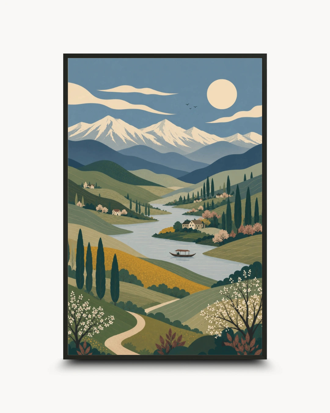 A framed landscape art print featuring a stylized scenic valley with mountains, a winding river, trees, and a full moon, shown against a light gray background.