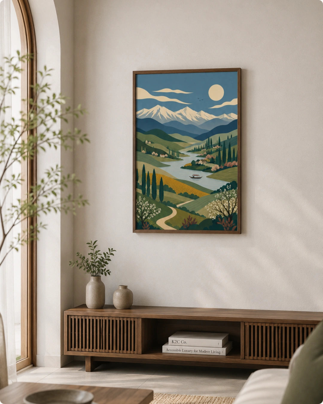 A framed landscape art print hangs on a light beige wall above a wooden console table in a modern living room setting. The print features a stylized illustration of a mountain valley with a winding river, trees, and a full moon.