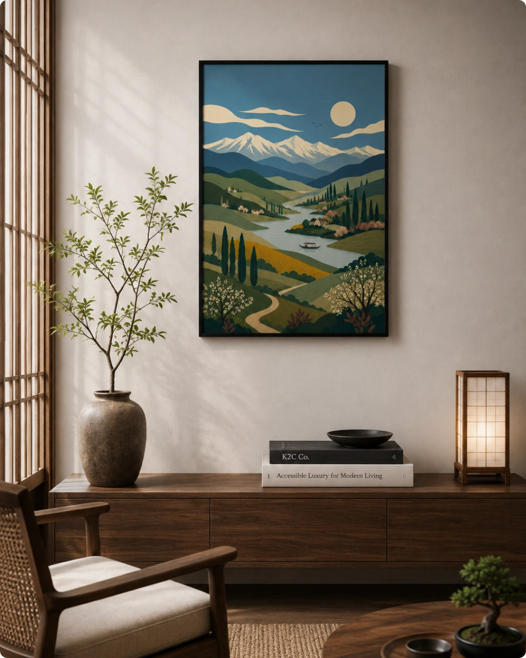 A framed landscape art print featuring stylized mountains, a river valley, and a full moon, displayed on a beige wall in a modern, sunlit room with a wooden console, vase, chair, and lantern.