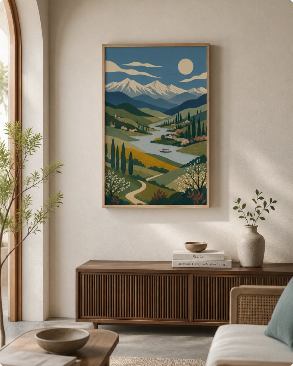 A framed landscape art print hangs on a beige wall in a modern living room setting. The print features a stylized illustration of a mountain valley with a winding river, green hills, and a blue sky with a sun and moon.