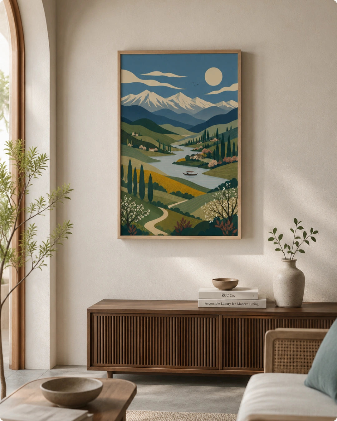 A framed landscape art print hangs on a beige wall in a modern living room setting. The print features a stylized illustration of a mountain valley with a winding river, green hills, and a blue sky with a sun and moon.