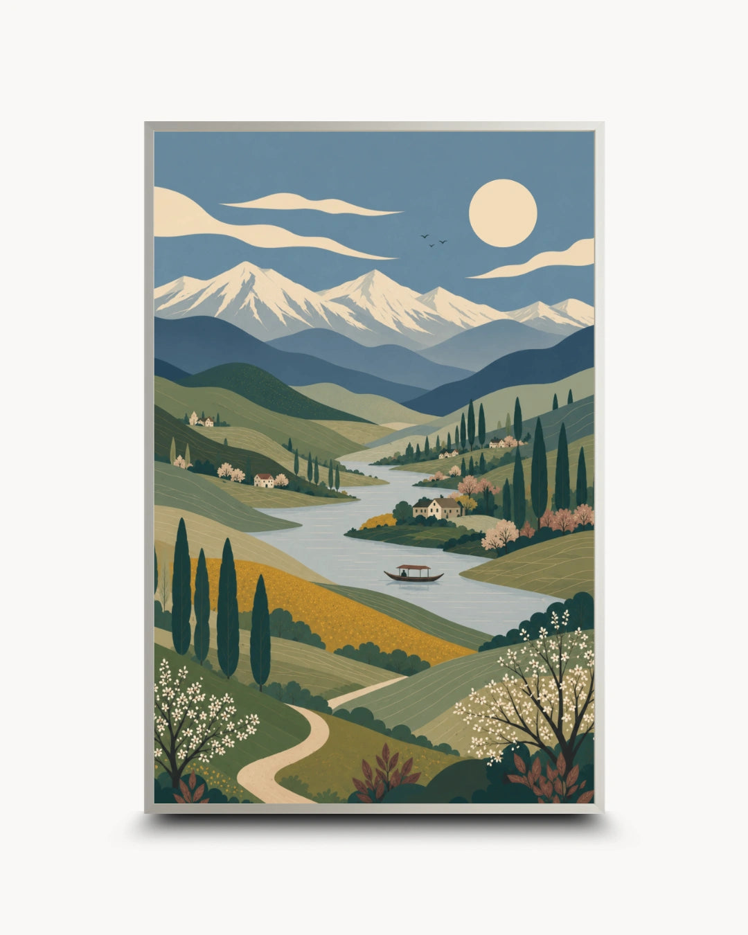 A framed landscape art print featuring a stylized illustration of a river valley with mountains, cypress trees, a winding path, and a full moon, shown against a light gray background.