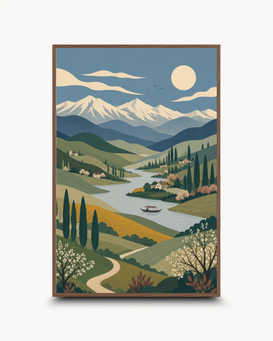 A framed landscape art print featuring a stylized scenic valley with mountains, a winding river, trees, and a full moon, shown against a light gray background.