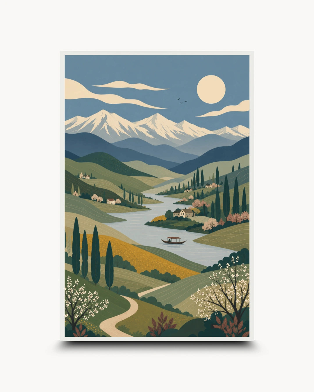 A vertical art print featuring a stylized landscape illustration of a river valley with mountains, trees, hills, and a full moon, shown against a light gray background.