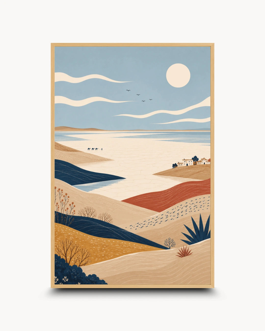 A stylized landscape art print featuring rolling beige and terracotta hills, a pale blue sky with a large sun, distant water, small birds, and a few tiny houses, shown centered on a light gray background.