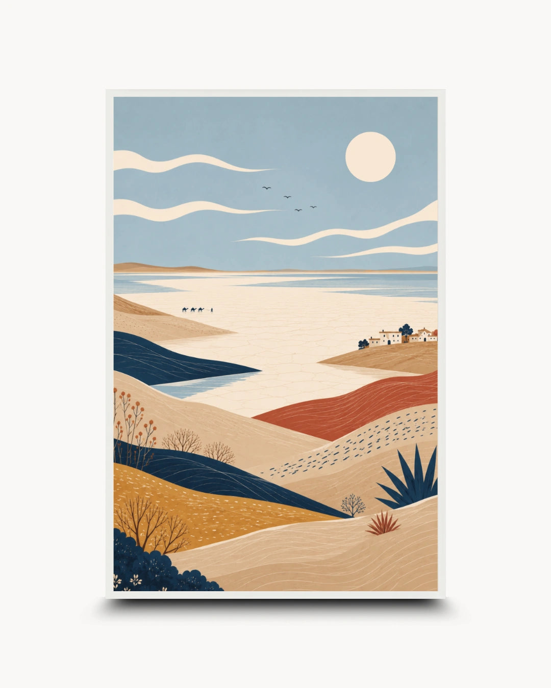 A stylized landscape art print featuring rolling beige and terracotta hills, a pale blue sky with a large sun, distant water, small birds, and a few tiny houses, shown centered on a light gray background.