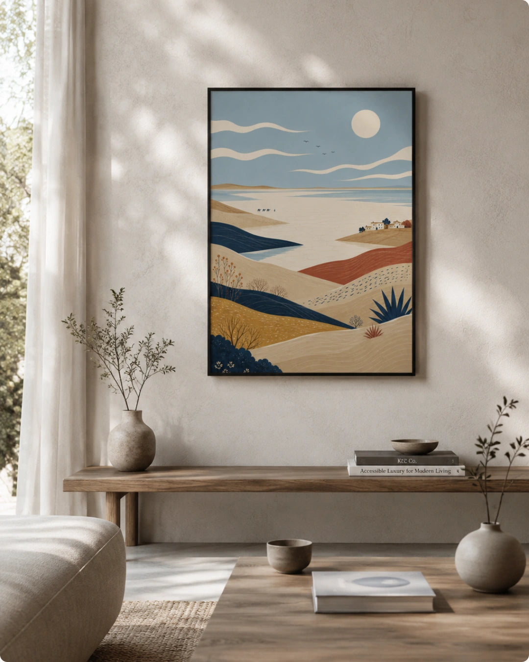 A framed abstract landscape art print hangs on a textured beige wall in a modern, sunlit living room. The print features stylized desert dunes in beige, ochre, and blue, with a light blue sky and a white sun.
