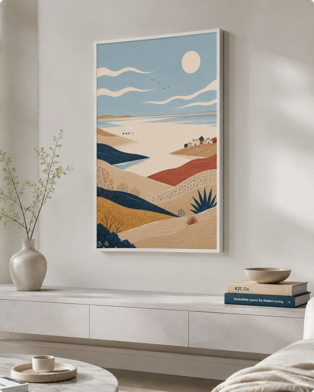 A framed art print depicting a stylized desert landscape with rolling sand dunes, a pale blue sky, and a sun, displayed on a light gray wall above a modern white console table in a styled living room.