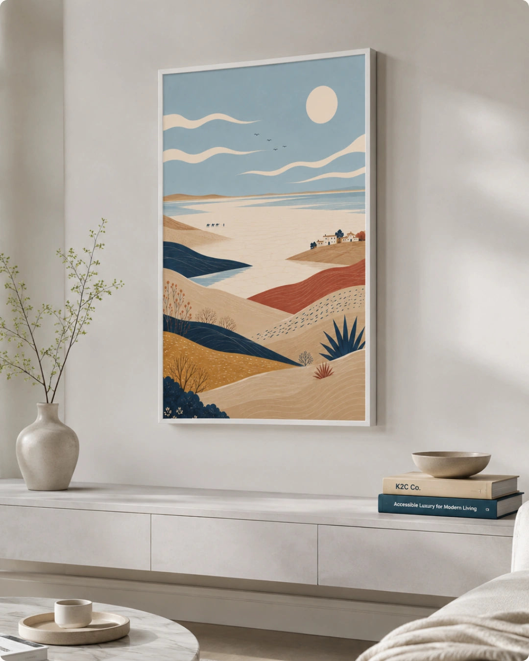 A framed art print depicting a stylized desert landscape with rolling sand dunes, a pale blue sky, and a sun, displayed on a light gray wall above a modern white console table in a styled living room.