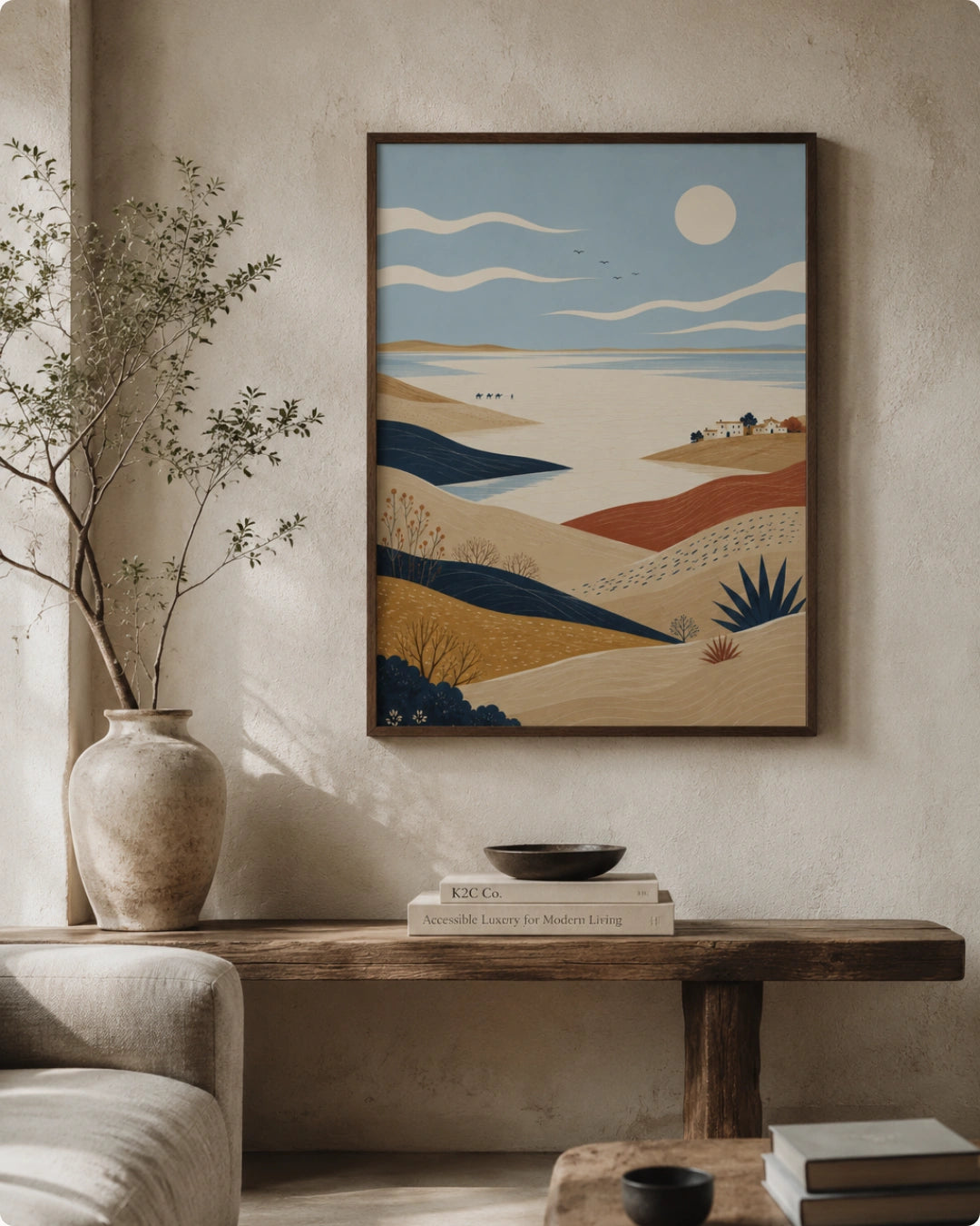 A framed art print depicting a stylized desert landscape with rolling hills, a sun, and a river, displayed on a textured beige wall above a rustic wooden console table with a vase and books.