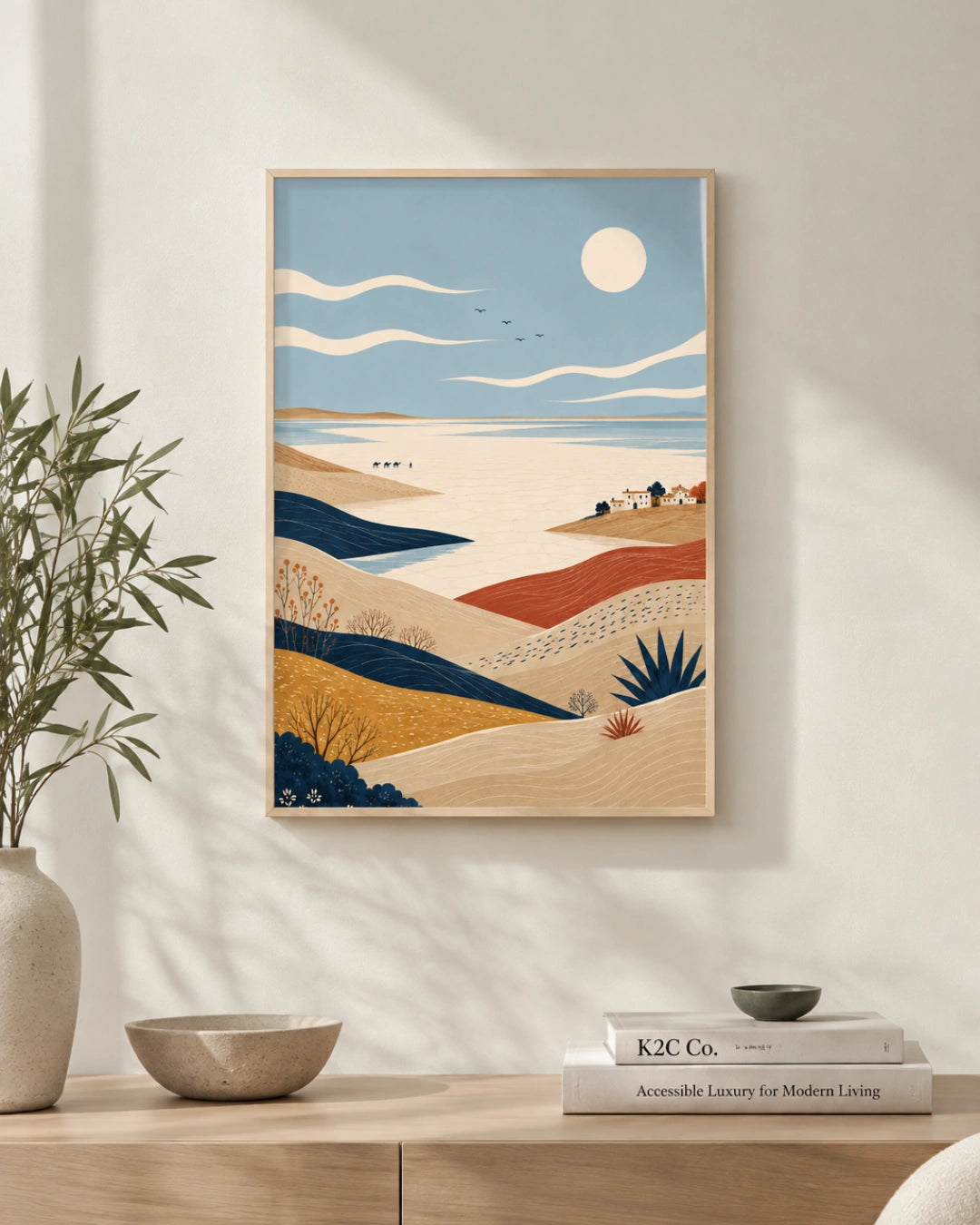 A framed art print featuring a stylized desert landscape with rolling sand dunes, a beach, and a bright sun, displayed on a light beige wall above a wooden console table with books and a plant.