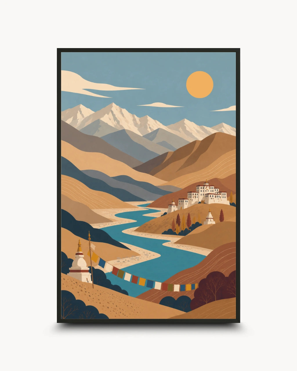 A framed art print featuring a stylized vector illustration of a mountain landscape with a winding blue river, snow-capped peaks, a yellow sun, and traditional buildings, shown against a light gray background.