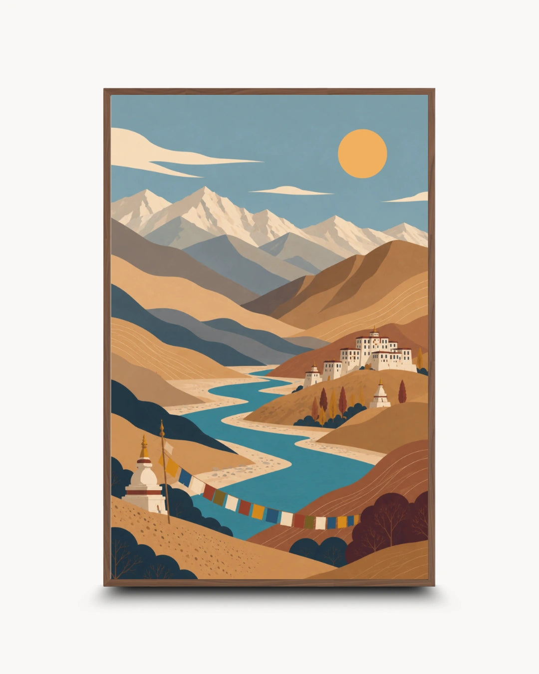 A framed art print featuring a stylized vector illustration of a mountain landscape with a winding blue river, snow-capped peaks, a yellow sun, and a monastery on the hillsides.