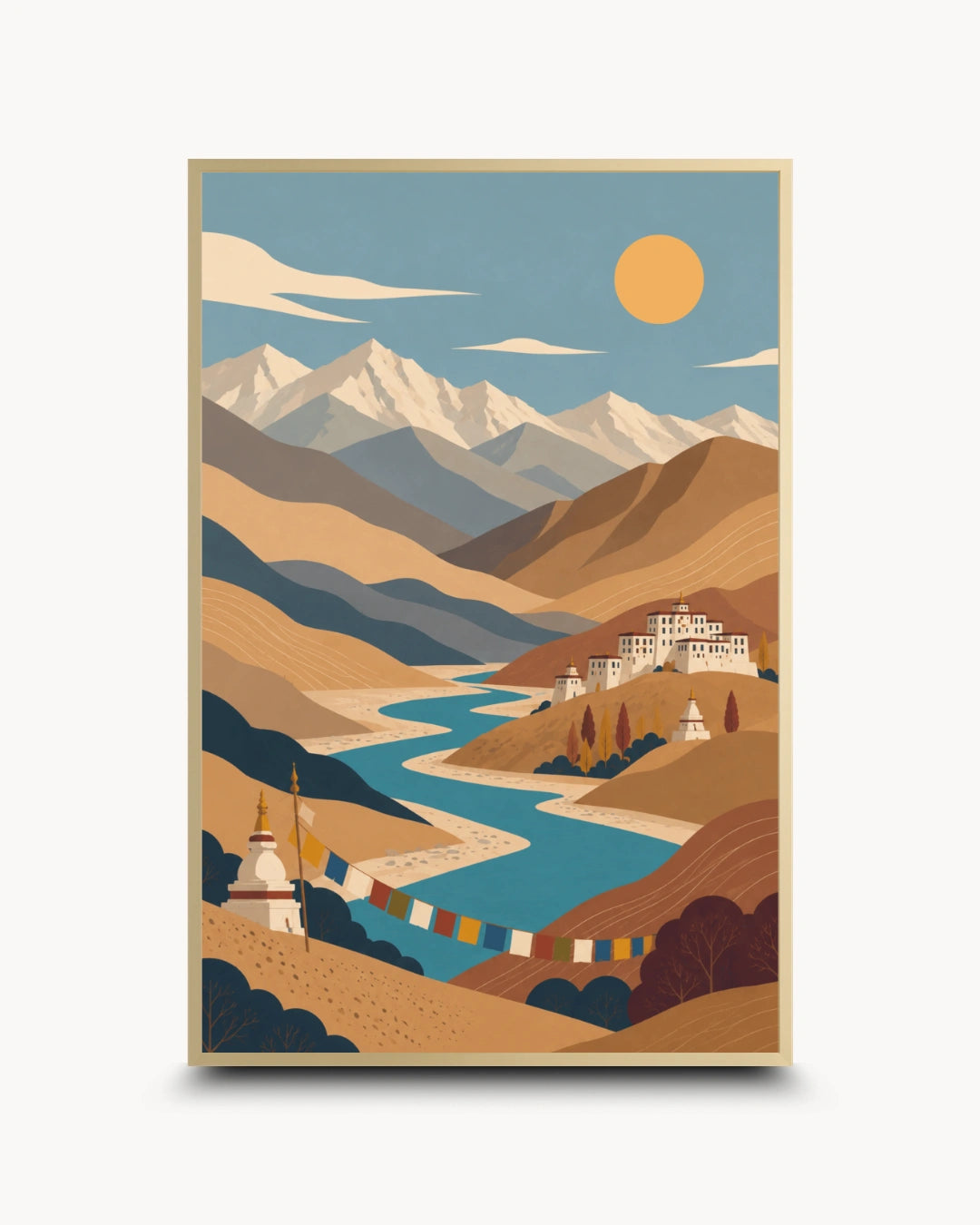 A framed art print featuring a stylized vector illustration of a mountain landscape with a winding blue river, snow-capped peaks, a golden sun, and traditional white buildings with prayer flags.