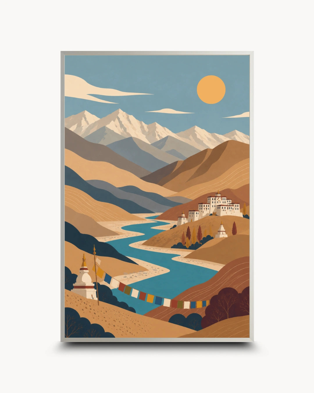 A stylized travel poster of a mountain landscape with snow-capped peaks, a winding blue river, tan hills, and a yellow sun, shown centered on a light gray background.