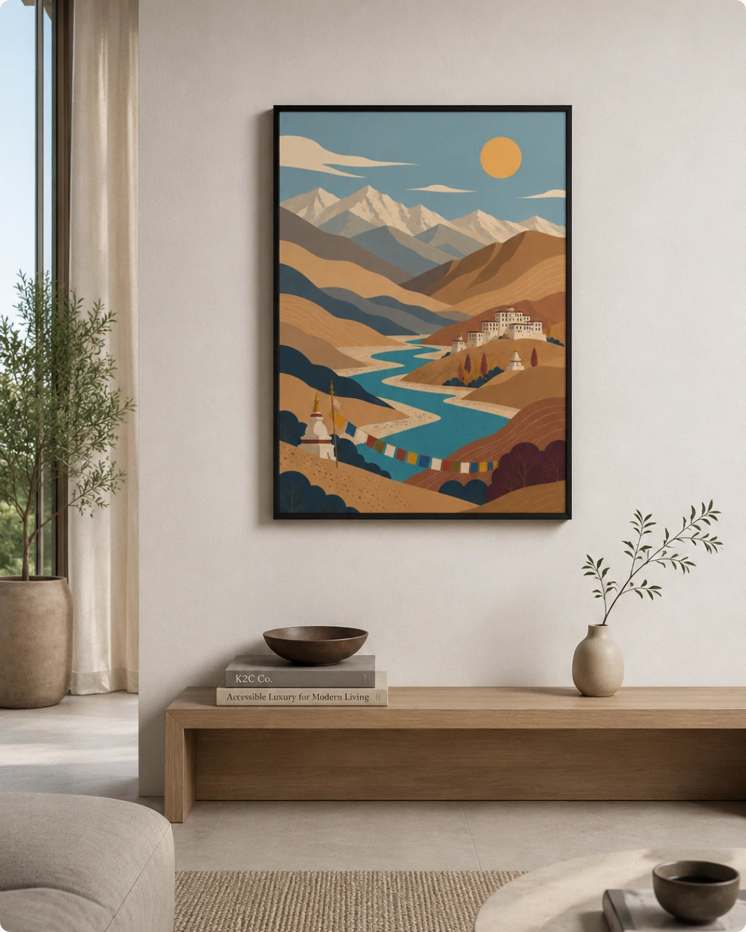 A framed art print depicting a stylized mountain landscape with a winding river and a yellow sun, displayed on a light beige wall in a modern living room setting.