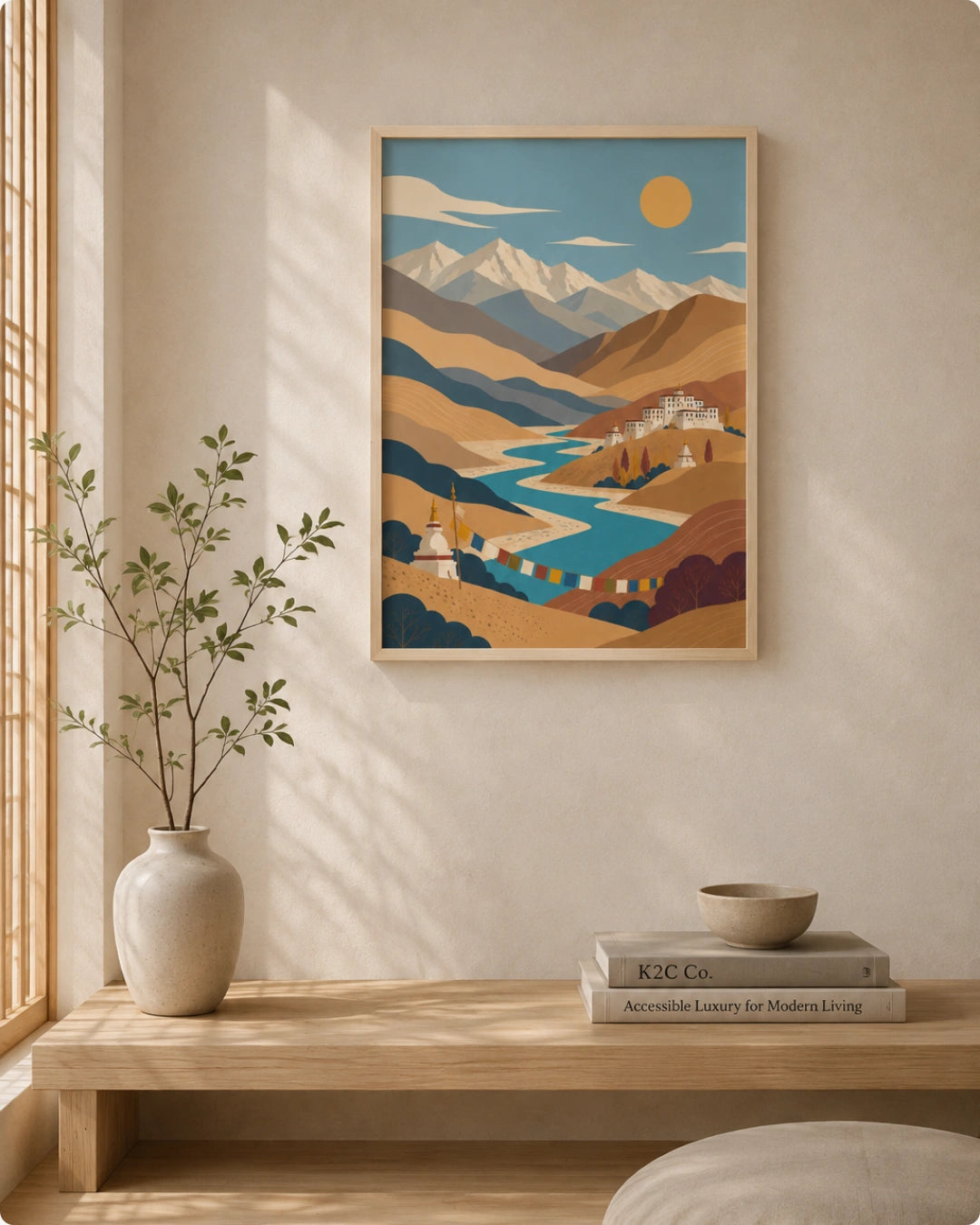 A framed art print depicting a stylized mountain landscape with a winding river and a yellow sun, hanging on a beige wall above a wooden console table with a vase and books.